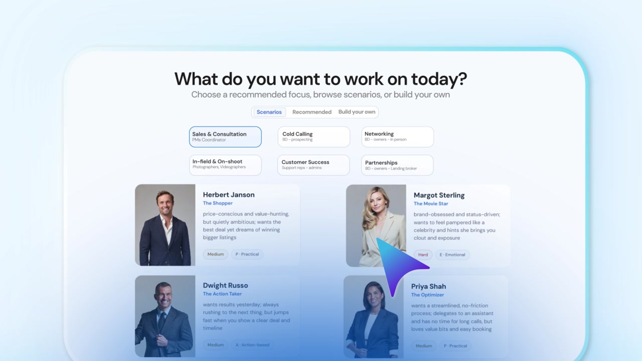 The OnCue persona picker: Priya, Margot on a live call, and Herbert